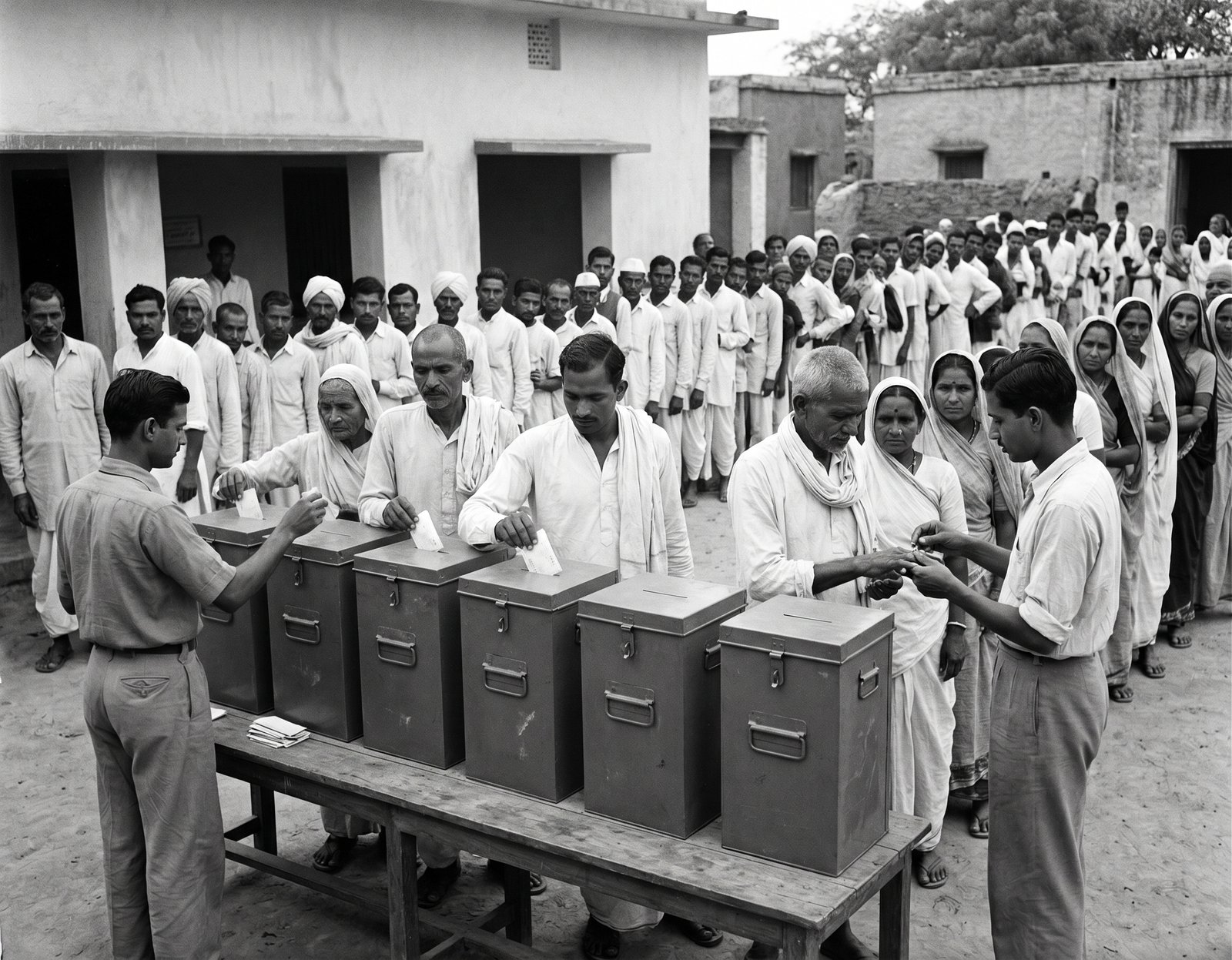 Voters waiting in line during the 1952 Indian elections